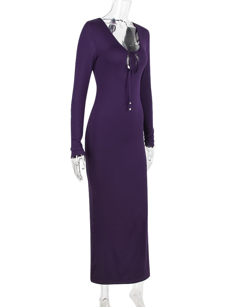 Purple Long Sleeve Tie Up Maxi Dress