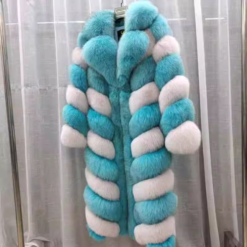 Striped Color Pattern Real Fox Fur Coats  X-Long