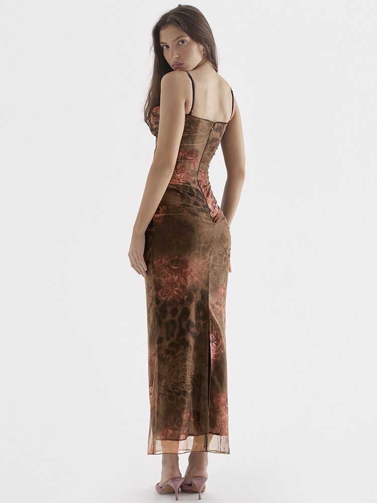 Brown Mesh Printed Corset Midi Dress