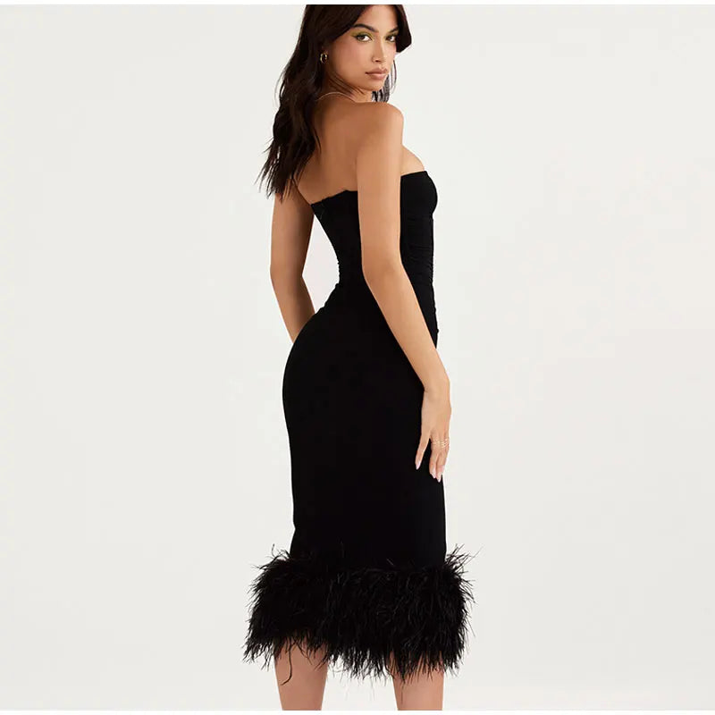 Corset Tube Fur Trim Bodycon Midi Dress