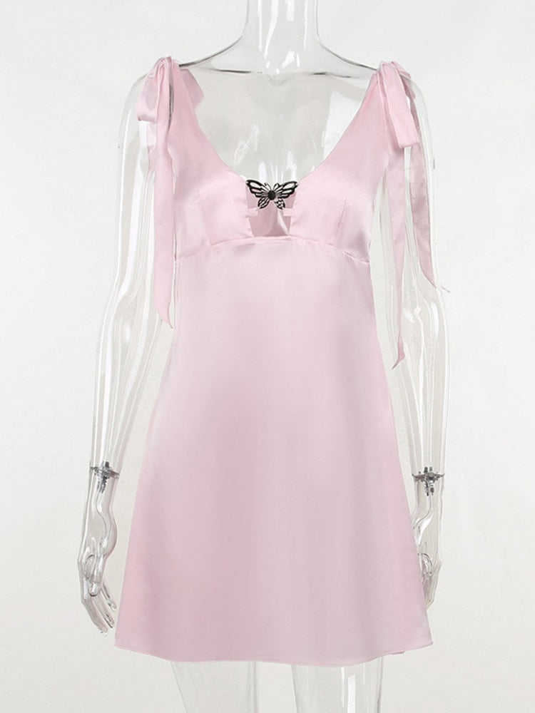 Satin Butterfly Charm Tie-Up Mini Dress