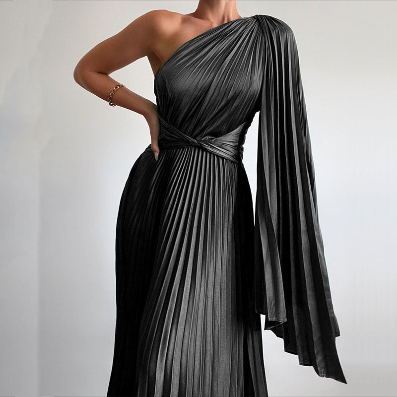 Satin Pleated Drape Sleeve Floor-Length Dresses