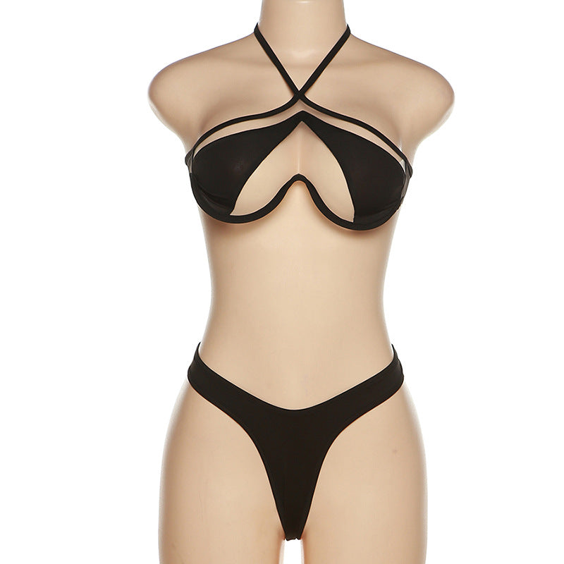 Black Halter Mesh Patchwork Bikini Two Piece Set