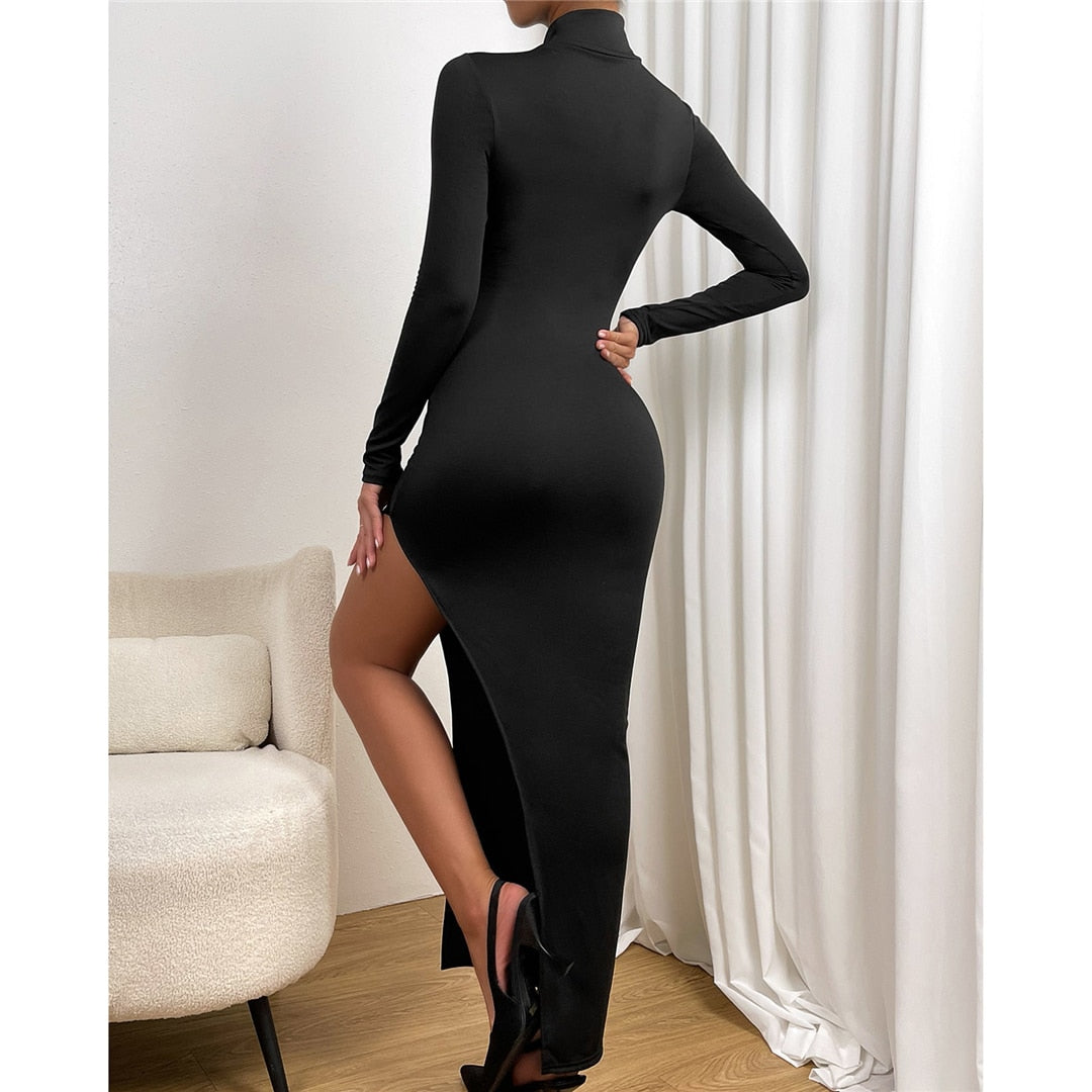 Black Long Sleeve O Neck Split Maxi Dress