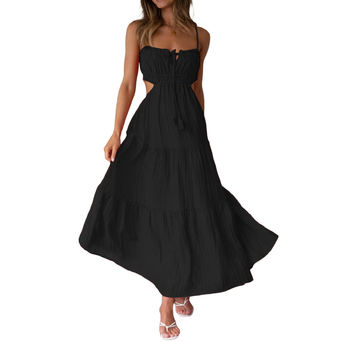 Ruched Tie-Up Strappy Maxi Dress