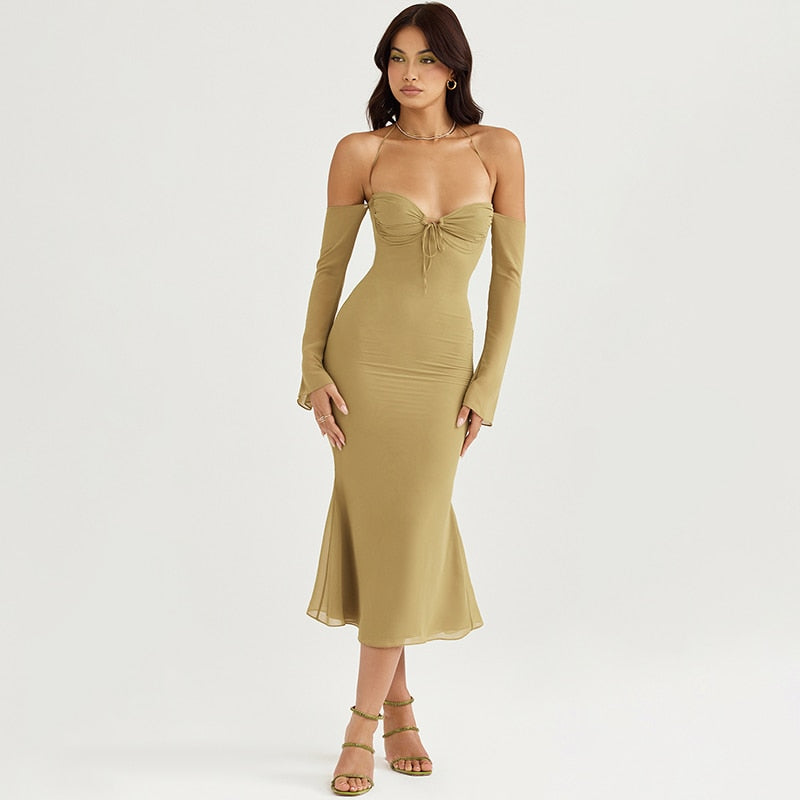 Halter Off Shoulder Long Sleeve Midi Dresses