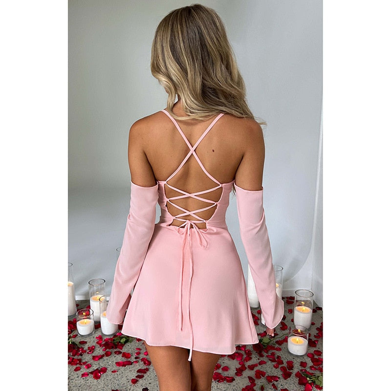 Off-shoulder Strappy Backless Tie-Up Mini Dress