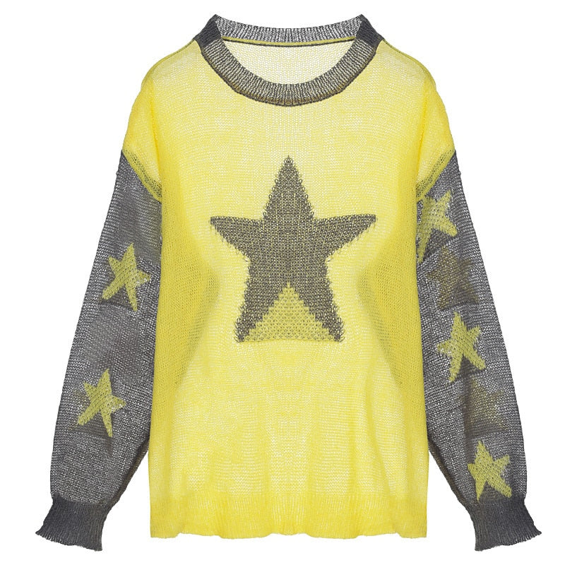 Knit Mesh Star Pattern Contrast Sweater