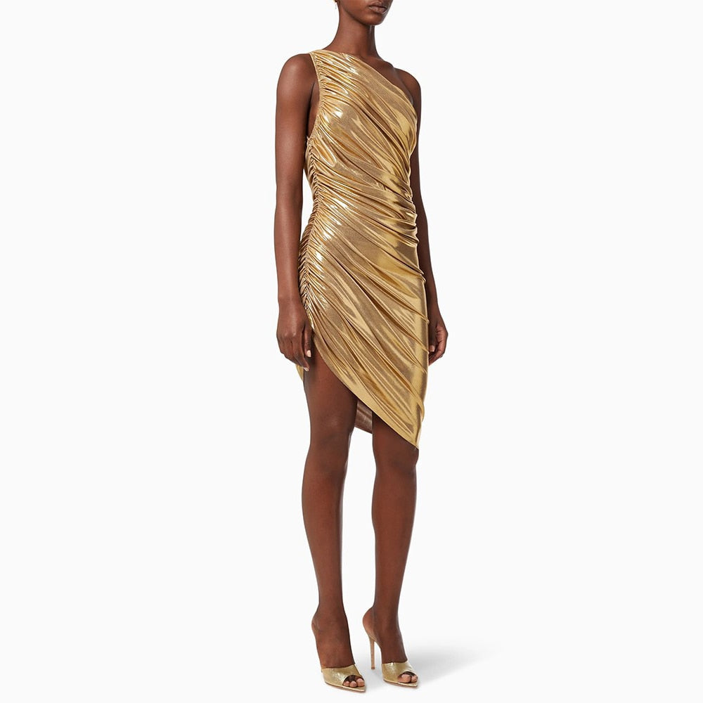 Golden Ruched One Shoulder Bodycon Midi Dress