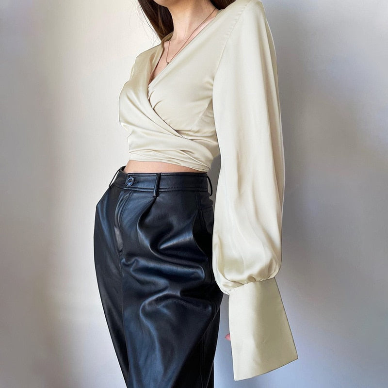 Satin Long Sleeve Wrap Tie Up Crop Shirt