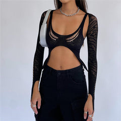 Black Distressed Design Crop Top