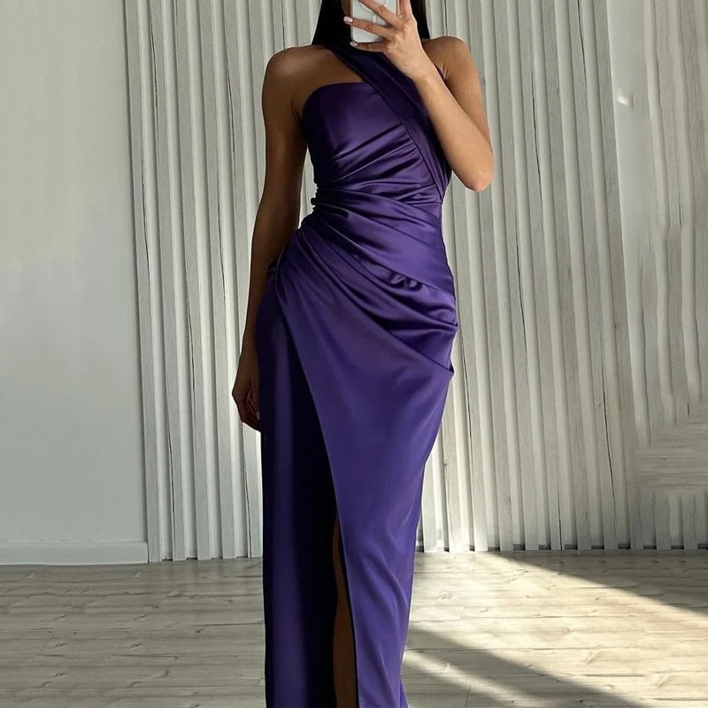 One Shoulder Sleeveless Pleated Slit Maxi Dress