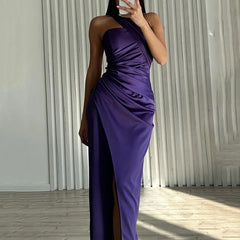 One Shoulder Sleeveless Pleated Slit Maxi Dress