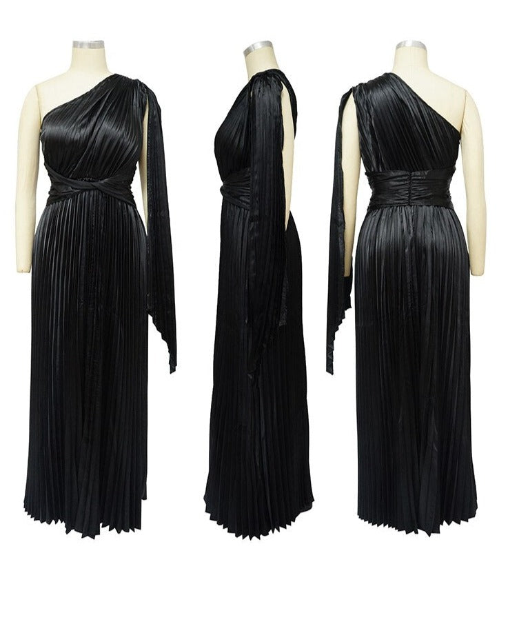 Satin Pleated Drape Sleeve Floor-Length Dresses