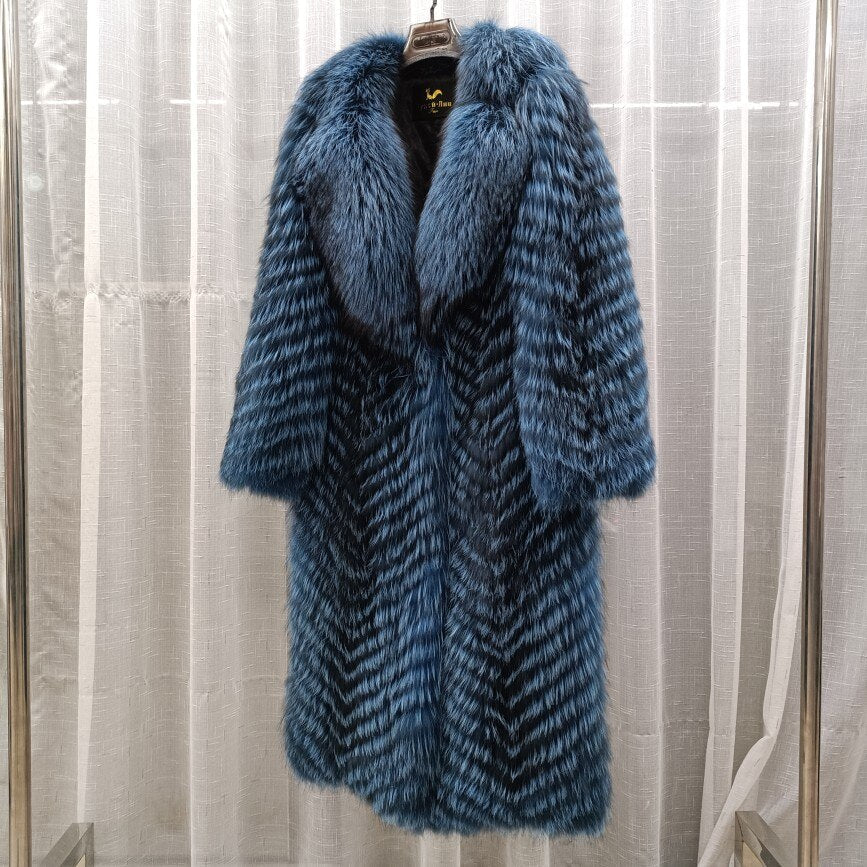 Thin Striped Color Pattern Real Fox Fur Coats  X-Long