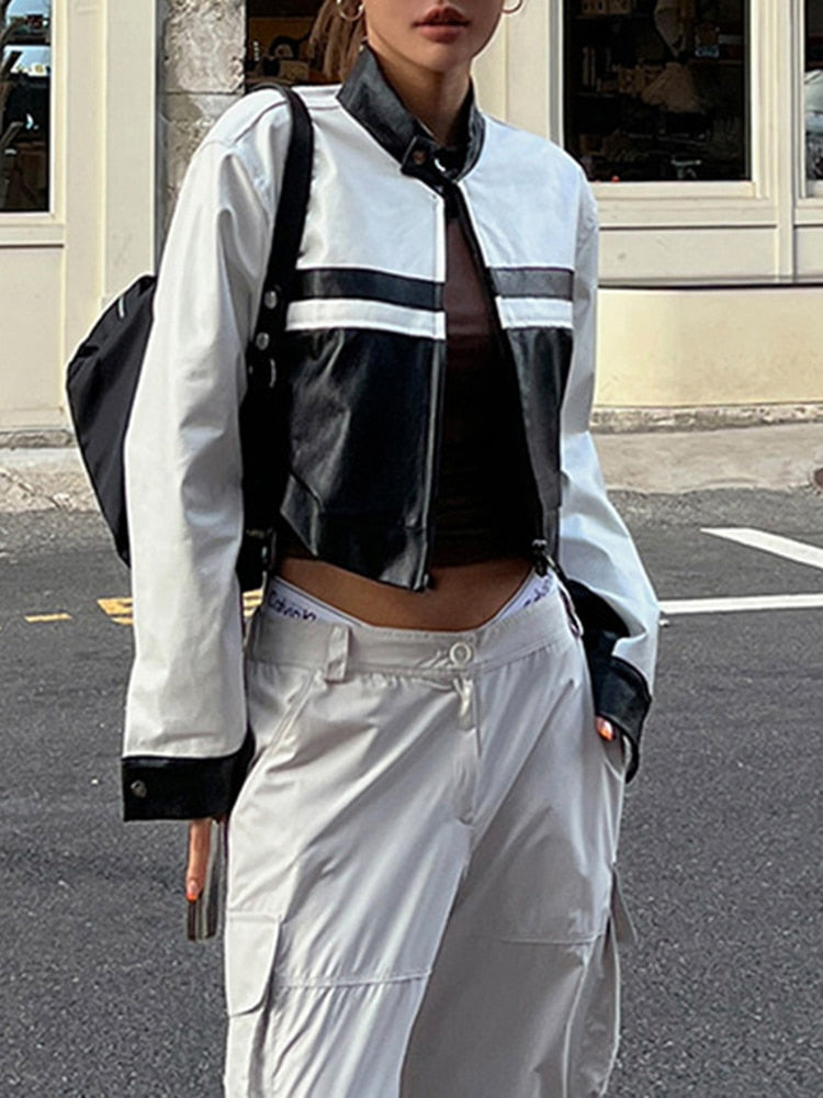 Black And White Stripe Biker Crop Jacket