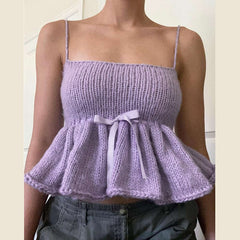 Purple Knitted Cami Lace Bow Crop Top