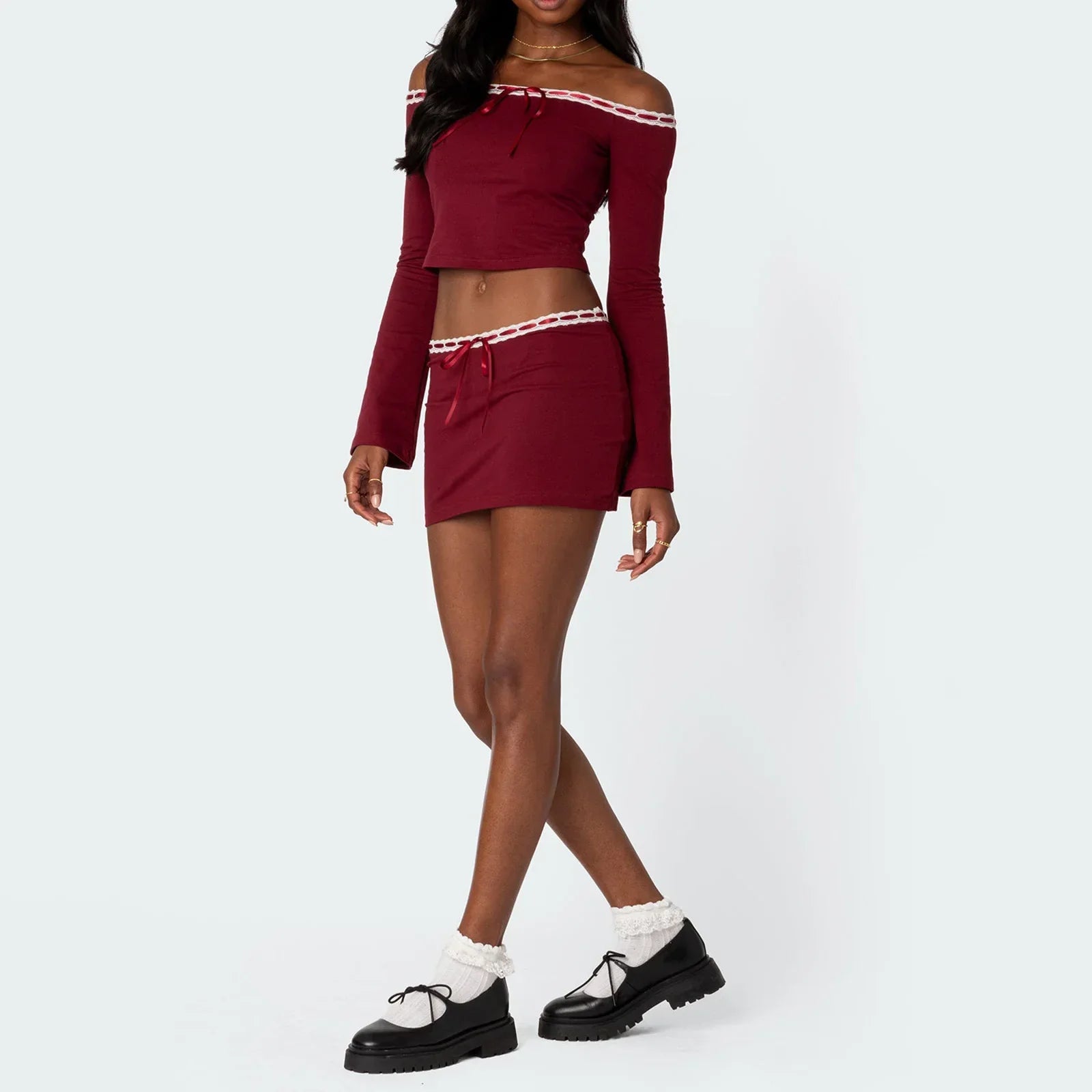 Red Off-Shoulder Lace Trim Top And Mini Skirt Set