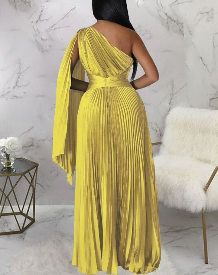 Satin Pleated Drape Sleeve Floor-Length Dresses