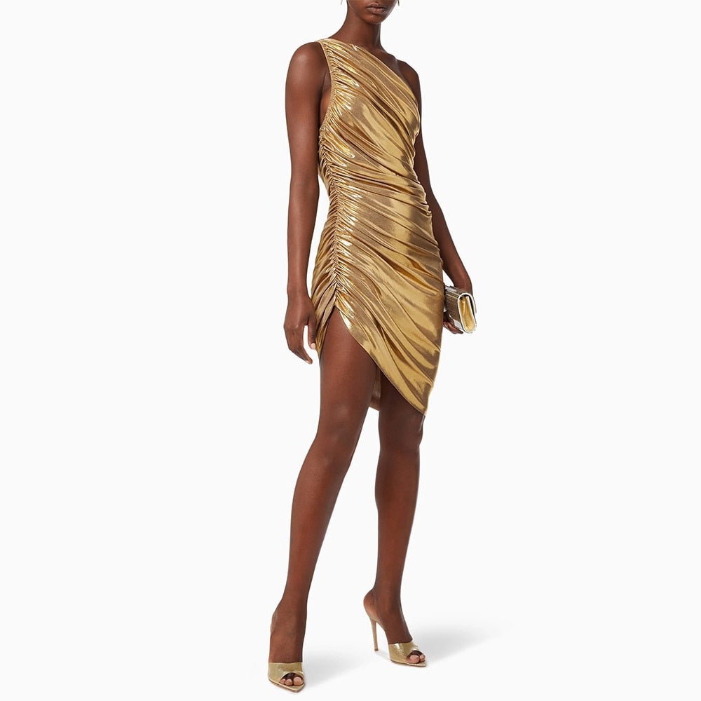 Golden Ruched One Shoulder Bodycon Midi Dress