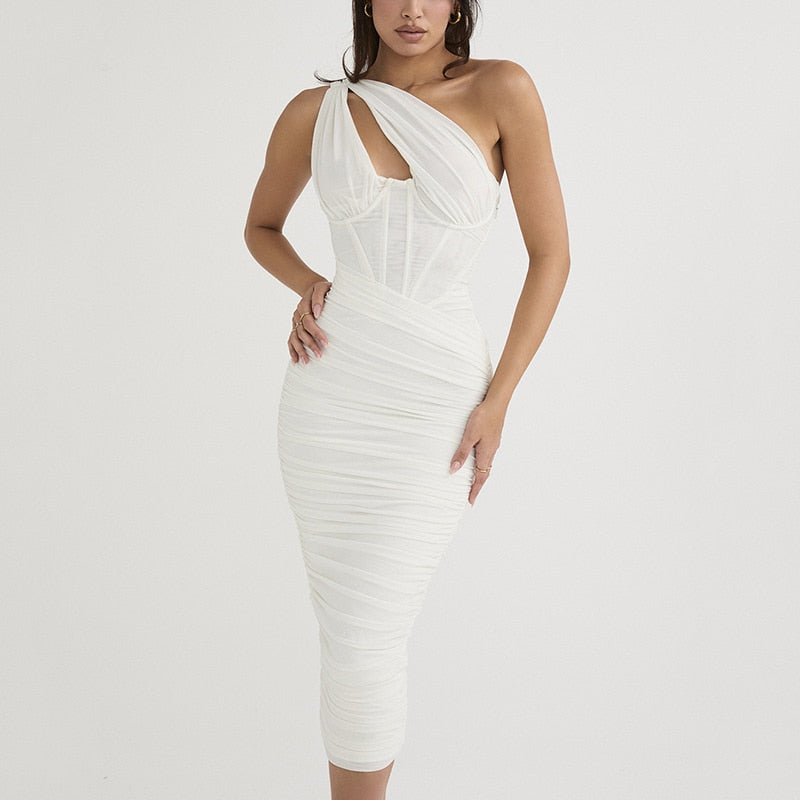 One Shoulder Sleeveless Ruched Midi Dresses