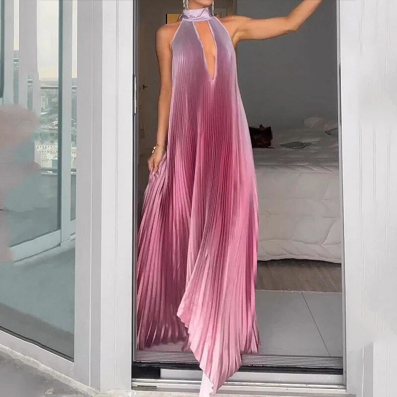 Purple Ombre Pleated Halter Deep V-neck Maxi Dress