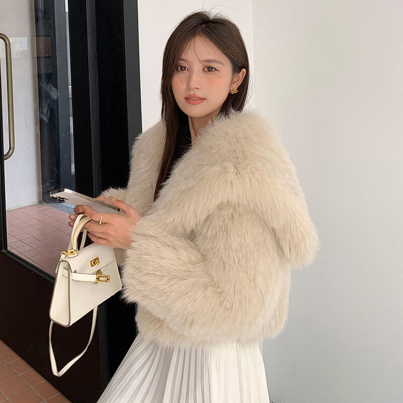 Fluffy Large Collar Knitted Real Fur Coats