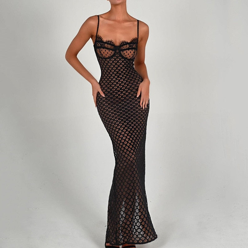 Black Polka Dot Lace Sheer Cupped Maxi Dress