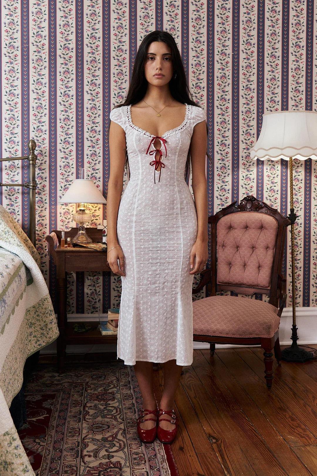 Doily Pattern Ribbon Tie-Up Midi Dress