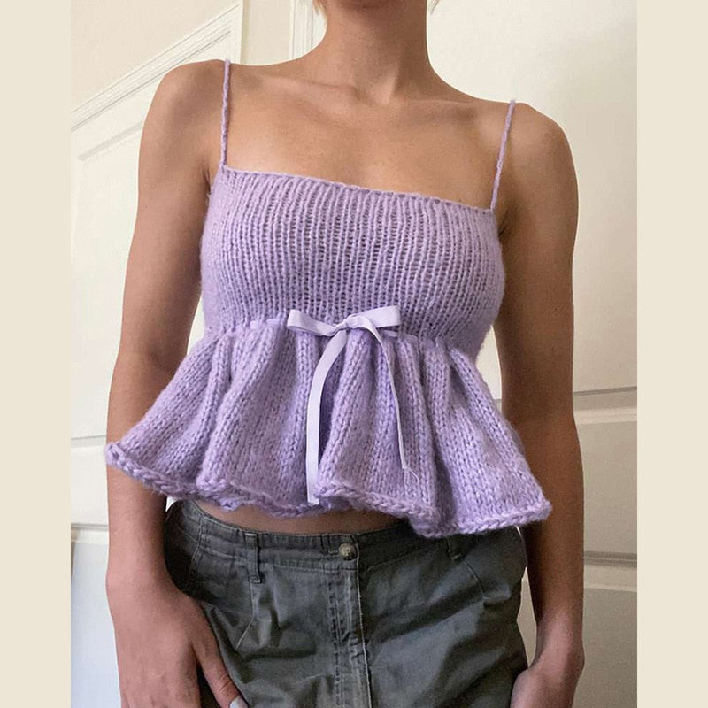 Purple Knitted Cami Lace Bow Crop Top