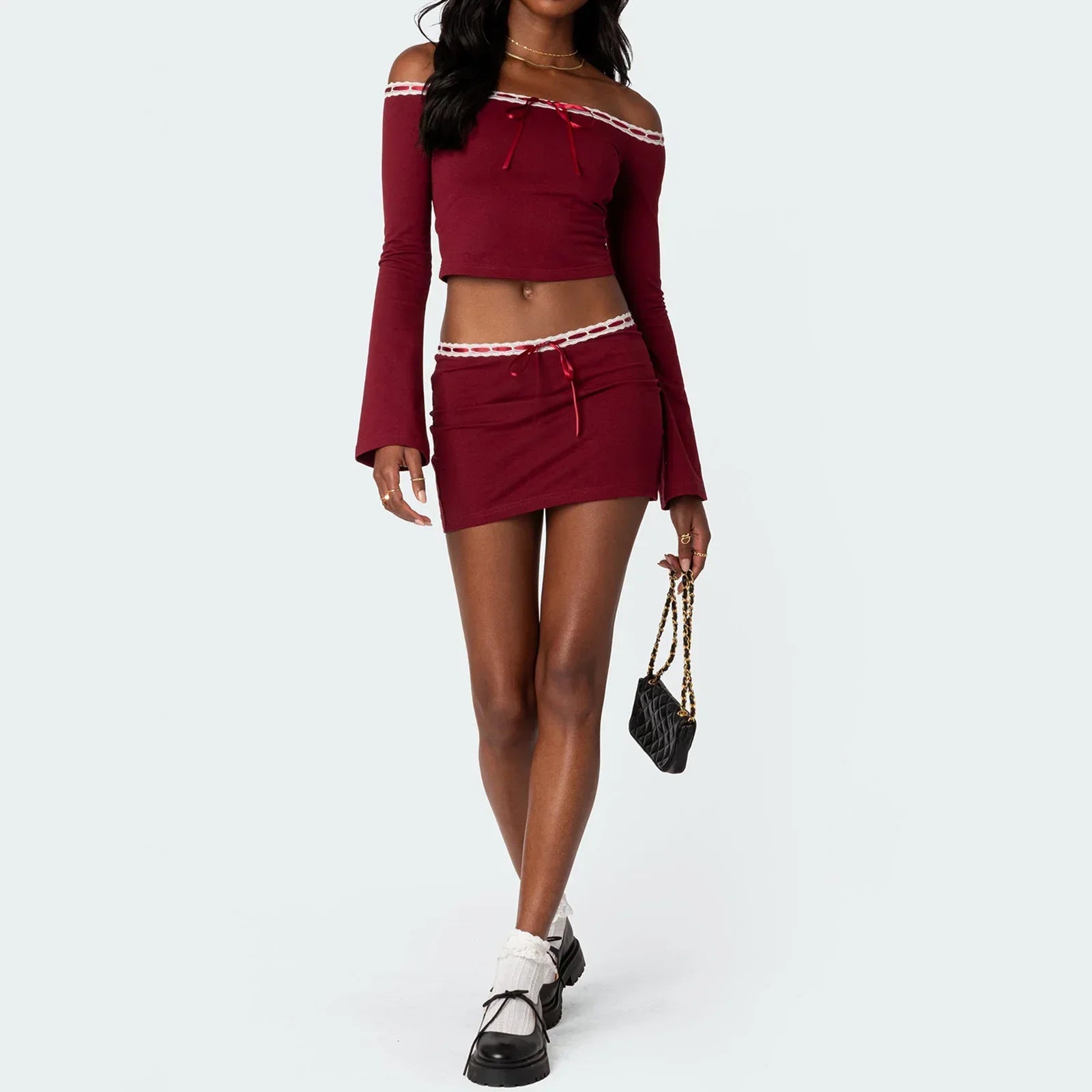 Red Off-Shoulder Lace Trim Top And Mini Skirt Set