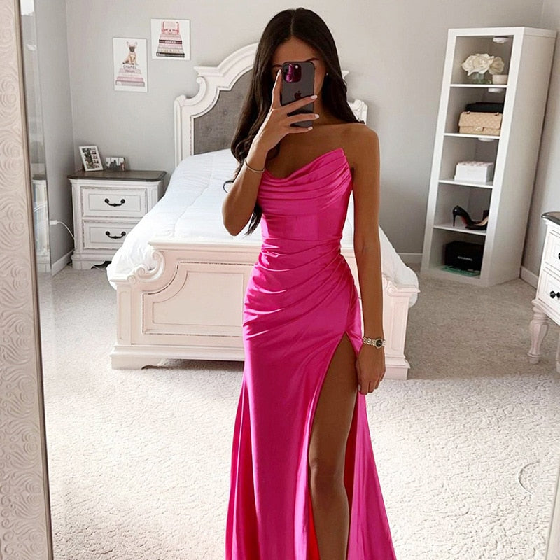 Satin Sleeveless High Slit Maxi Dresses