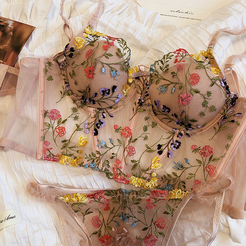 Floral Embroidery Padded Push Up 2 Piece Set