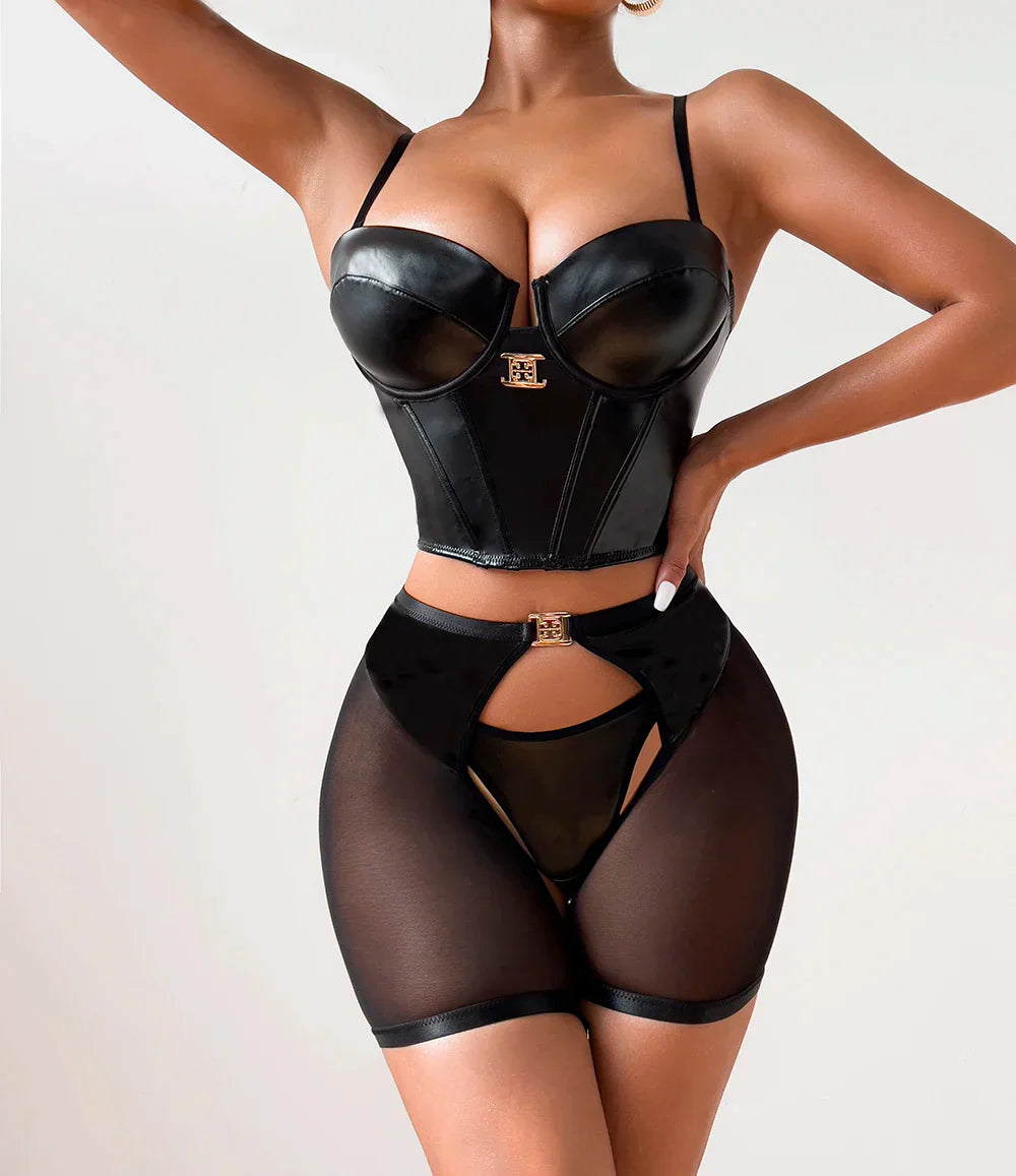 Faux Leather Bralette Lingerie Set