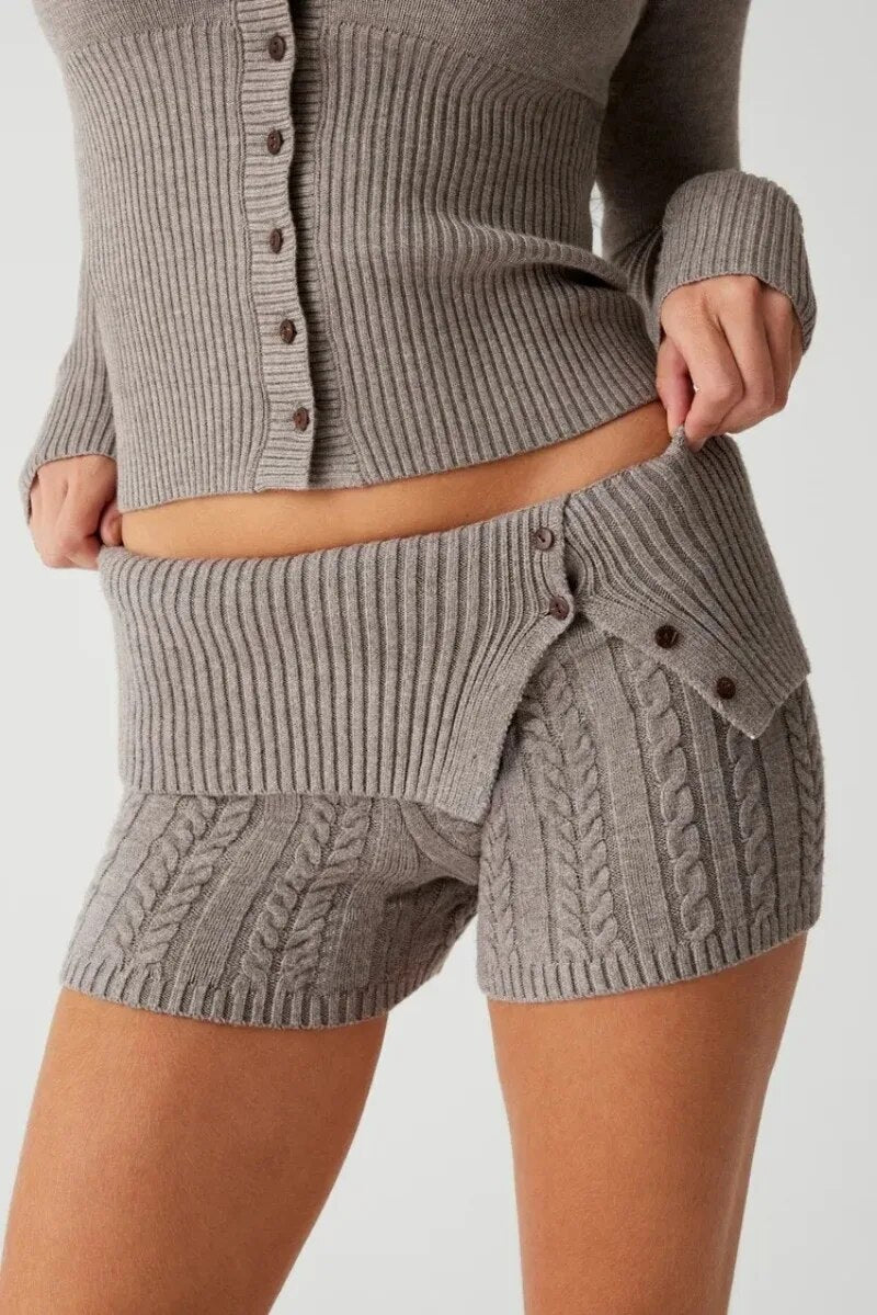 Knitted Zipper Hoddie Top And High Waist Short Set