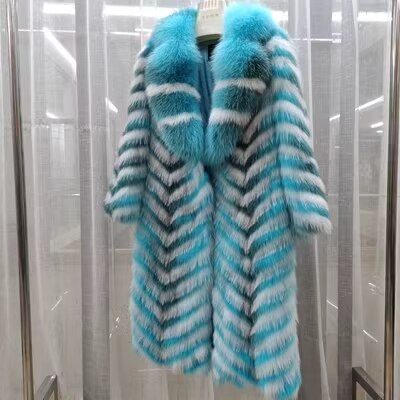 Thin Striped Color Pattern Real Fox Fur Coats  X-Long