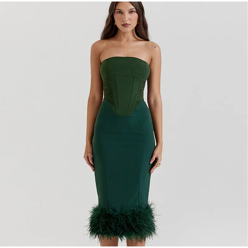 Corset Tube Fur Trim Bodycon Midi Dress