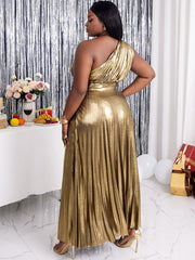 Metallic Pleated One Shoulder Sleeveless Maxi Dress