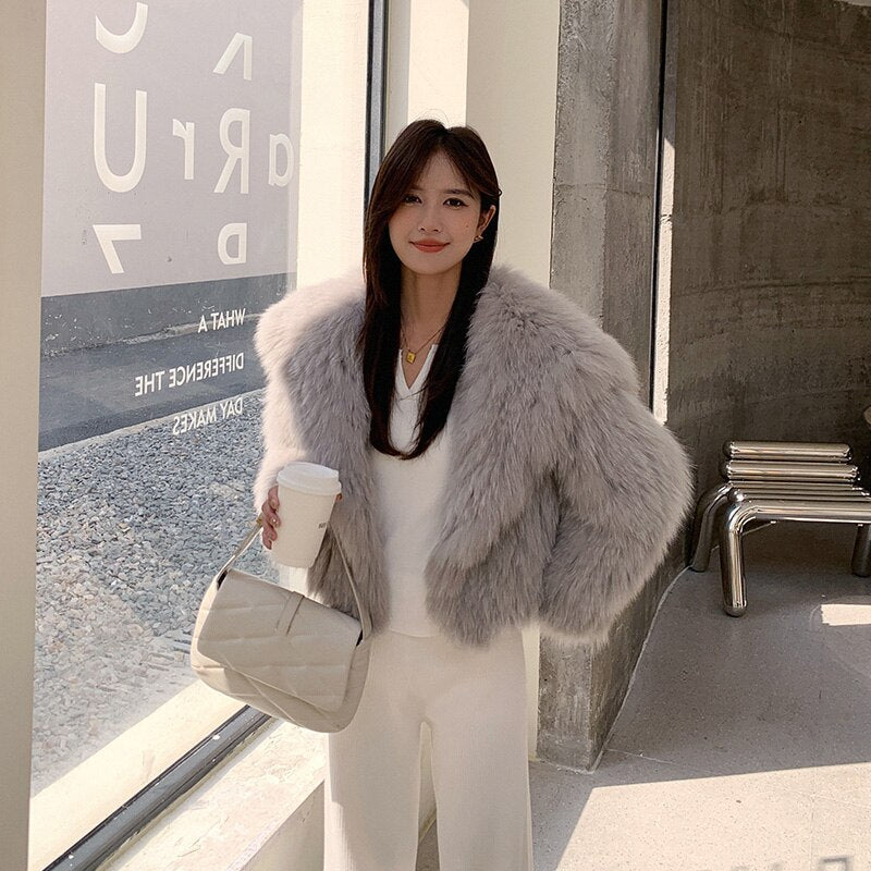 Fluffy Large Collar Knitted Real Fur Coats