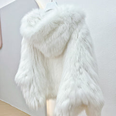 Luxury Knitted Hooded Bat Sleeved Real Fur Coats