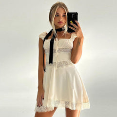 Cream Short Sleeve Lace Trim Patchwork Mini Dress