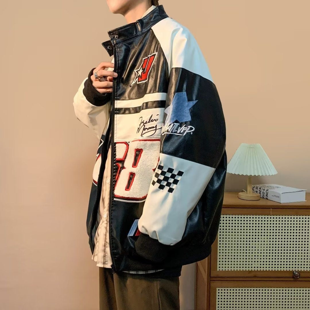 Faux Leather Racing Embroidered Bomber Jacket