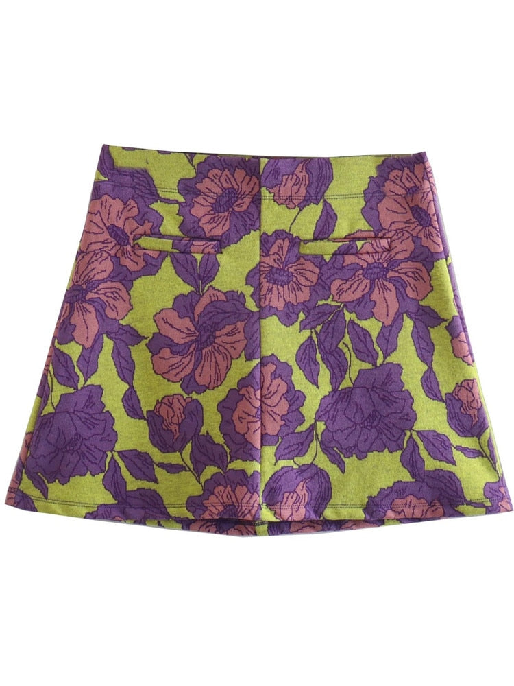 Purple Floral  Jacquard Corset Top And Mini Skirt