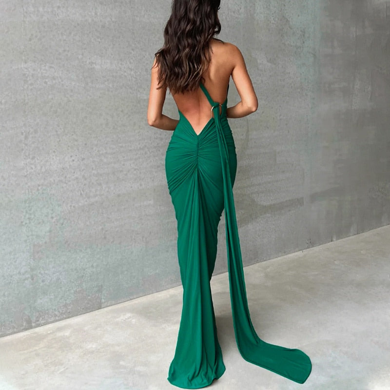 One Shoulder Back Tie Sleeveless Maxi Dresses