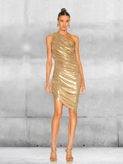 Golden Ruched One Shoulder Bodycon Midi Dress