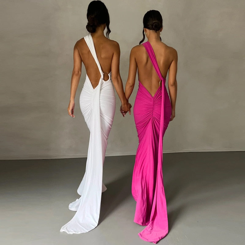 One Shoulder Back Tie Sleeveless Maxi Dresses