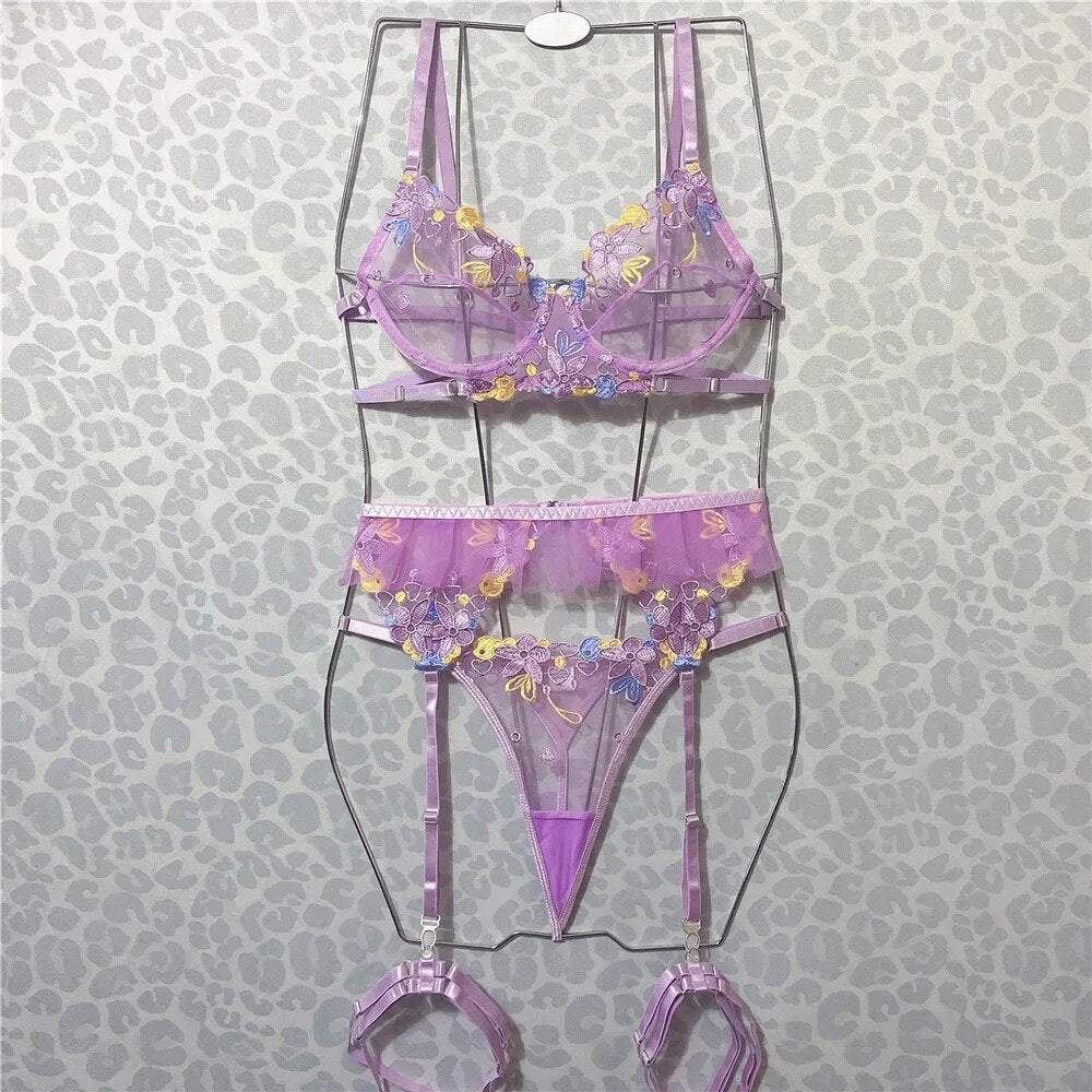 Purple Floral Sheer Lingerie Set