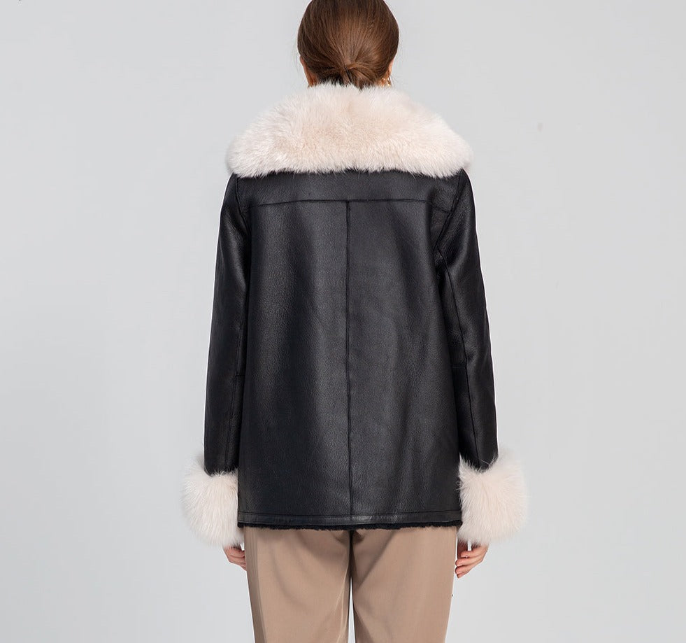 Genuine Leather Coats Real Shearling Fur Collar & Cuffs