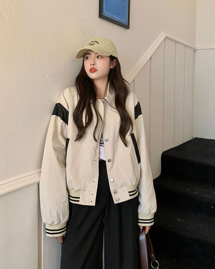 Beige Buttoned Black Patchwork Bomber Jacket