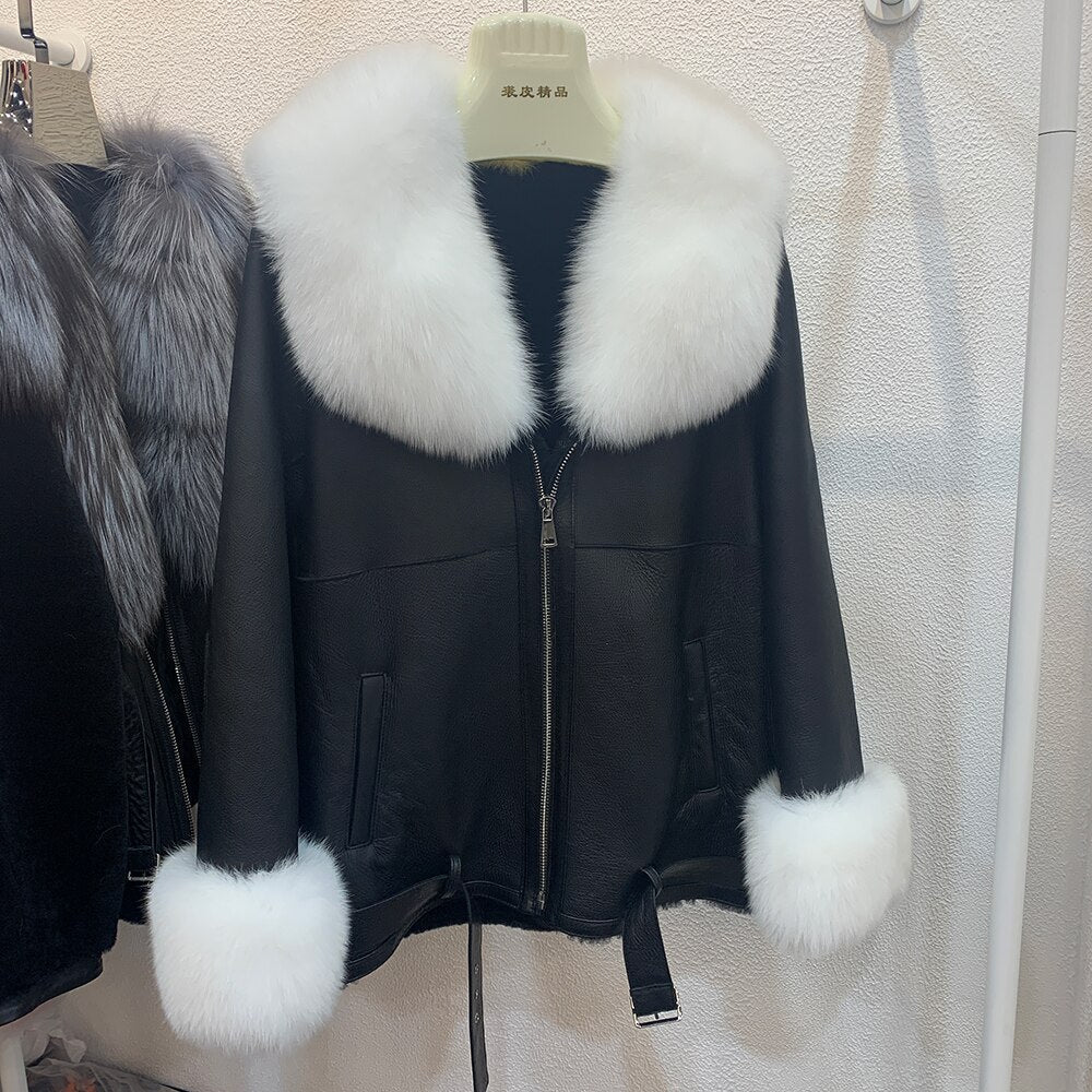 Genuine Leather Coats Real Shearling Fur Collar & Cuffs